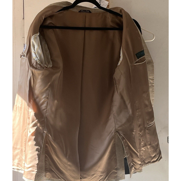 E Thomas Silk & Wool Mens Suit Jacket Blazer Italy 54 R Brown Plaid Window Pane - Picture 6 of 16